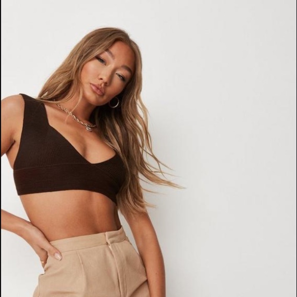 brown rib plunge knit bralet